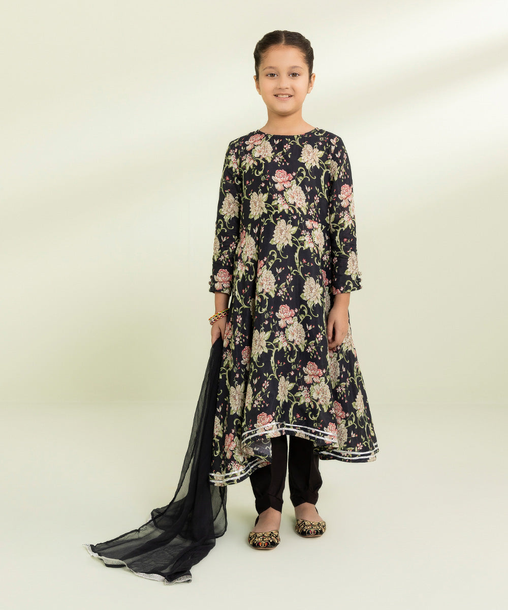 Kids East Girls Black 2 Piece Printed Raw Silk Suit