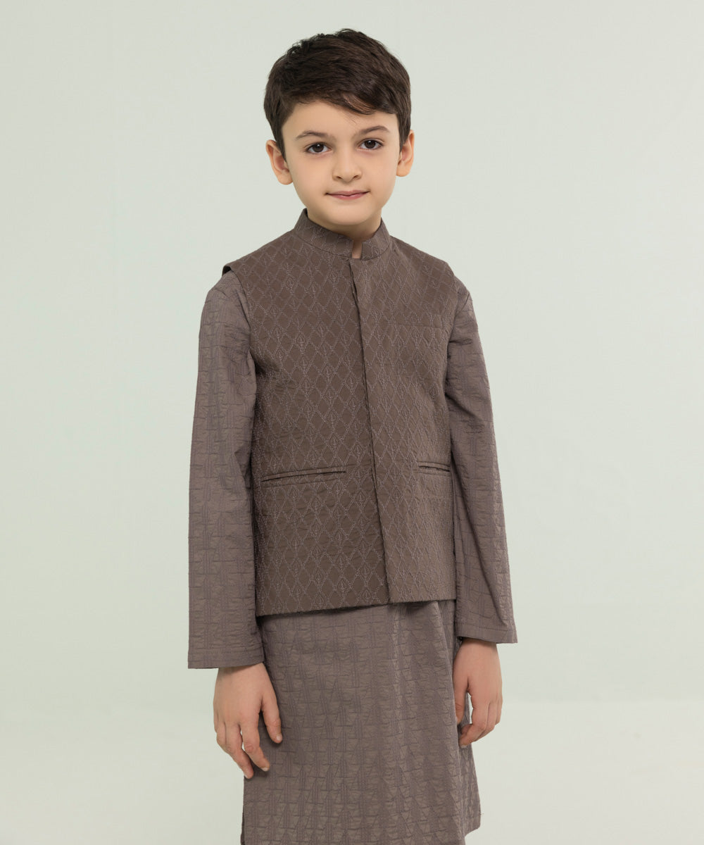 Kids East Boys Brown Embroidered Cambric Waistcoat