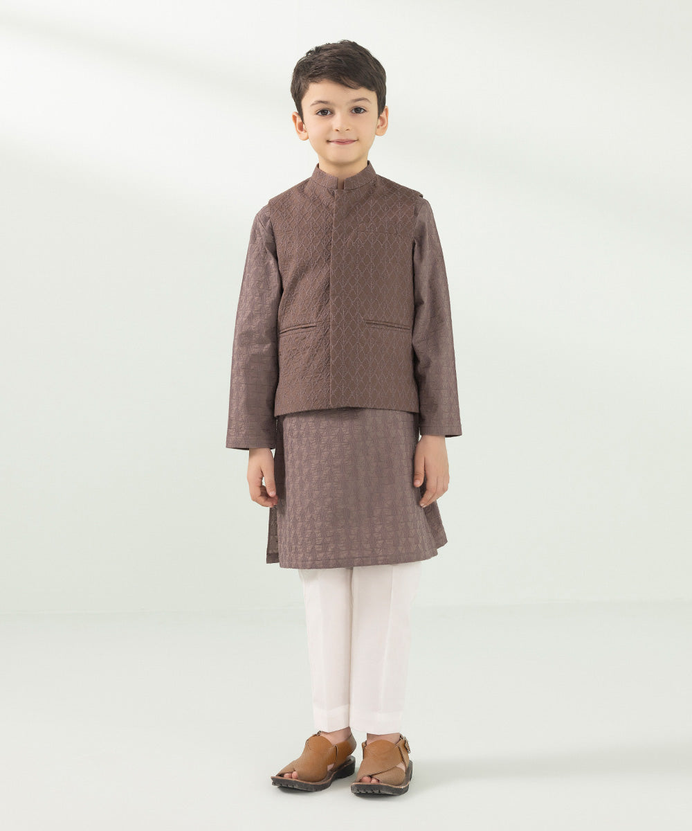 Kids East Boys Brown Embroidered Cambric Waistcoat