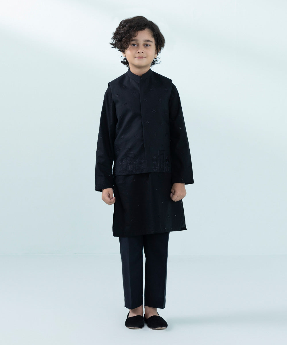 Kids East Boys Black Embroidered Dobby Waistcoat