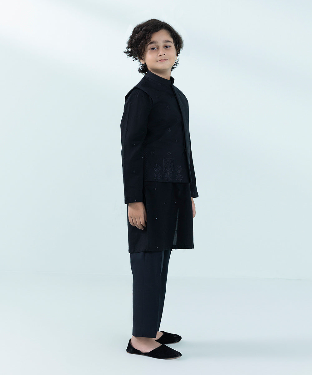 Kids East Boys Black Embroidered Dobby Waistcoat