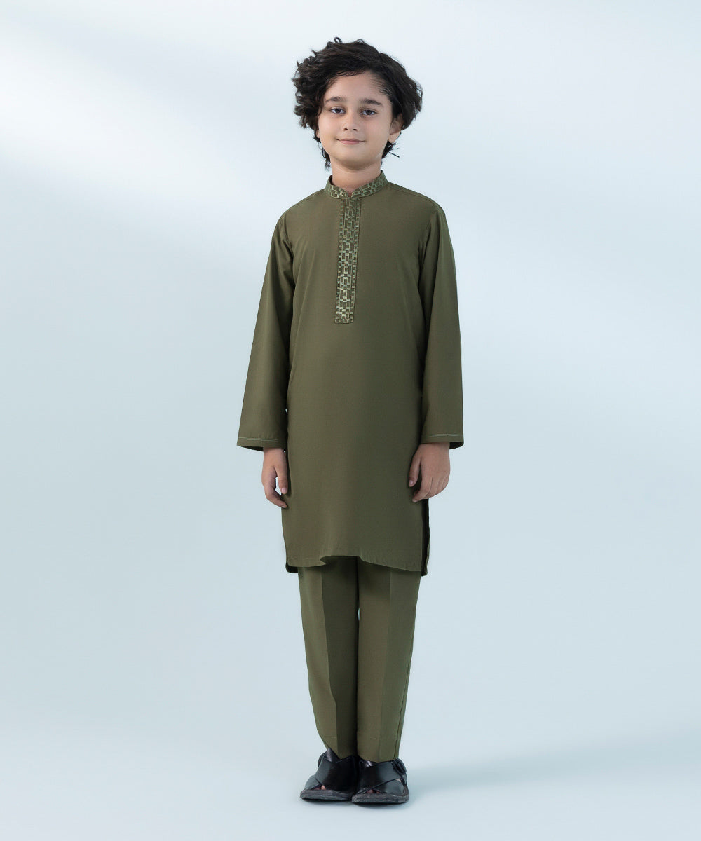 Kids East Boys Brown Embroidered Cotton Suit