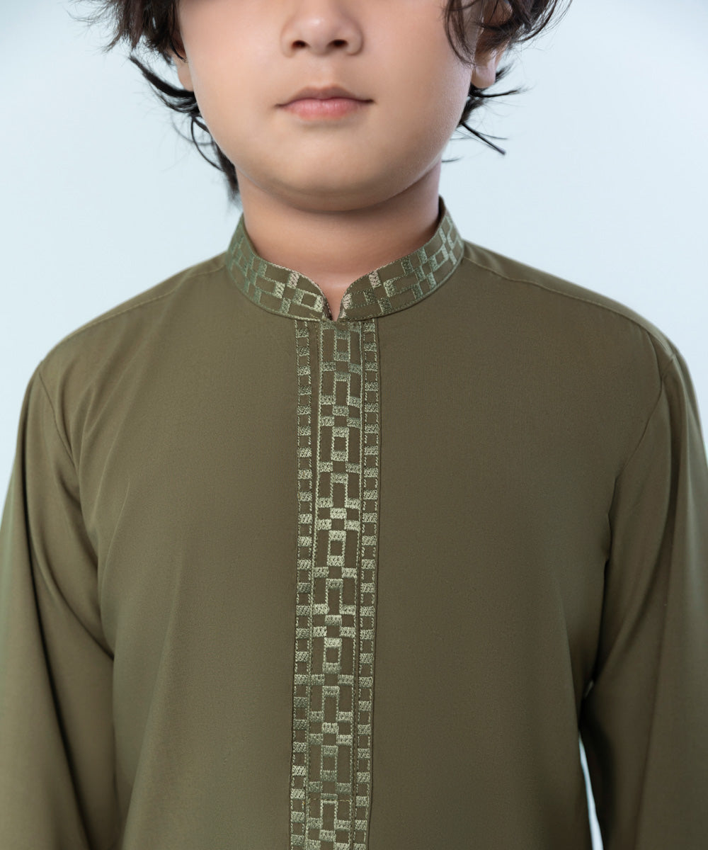 Kids East Boys Brown Embroidered Cotton Suit