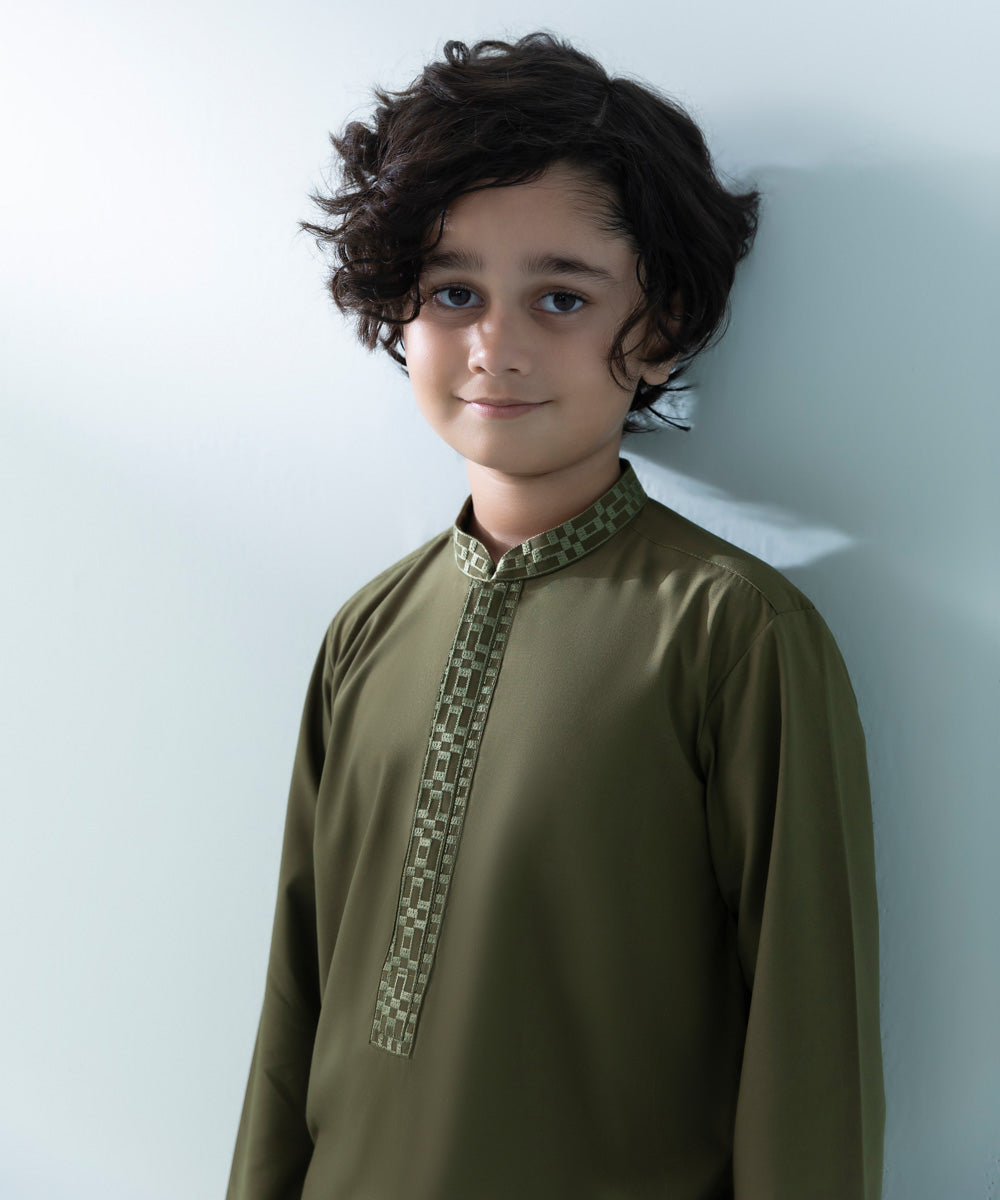 Kids East Boys Brown Embroidered Cotton Suit