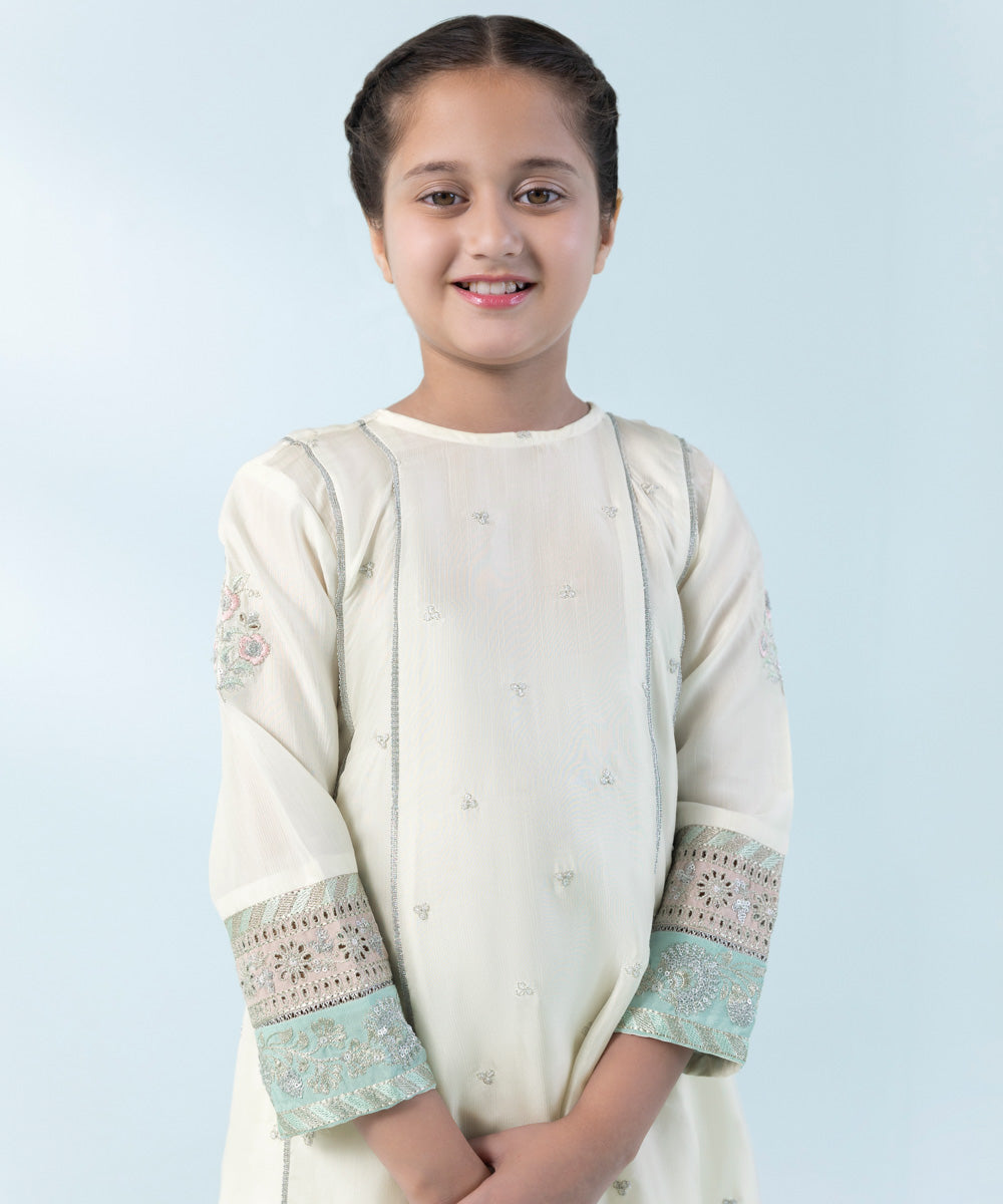 Kids East Girls White 2 Piece Embroidered Raw Silk Suit