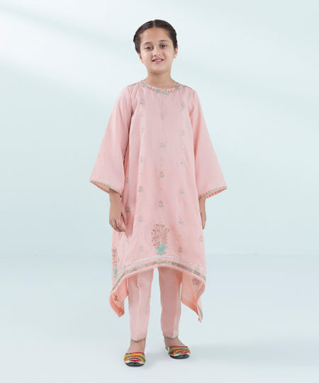 Kids East Girls Pink 2 Piece Embroidered Raw Silk Suit