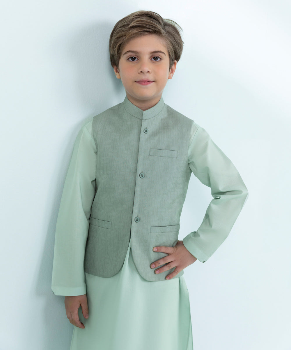 Kids East Boys Green Jacquard Suit with Waistcoat