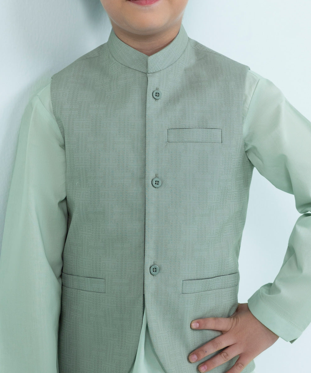 Kids East Boys Green Jacquard Suit with Waistcoat