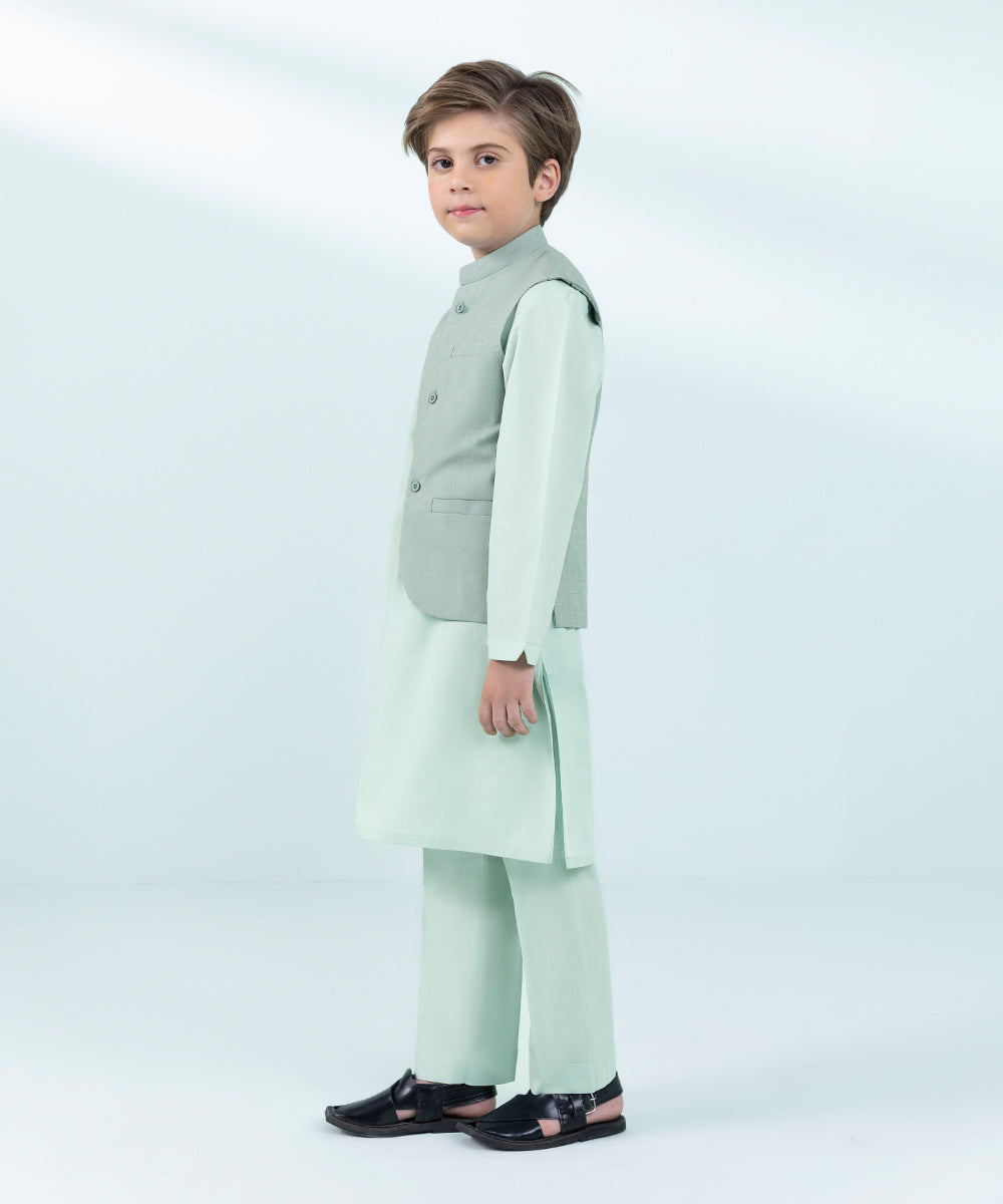 Kids East Boys Green Jacquard Suit with Waistcoat