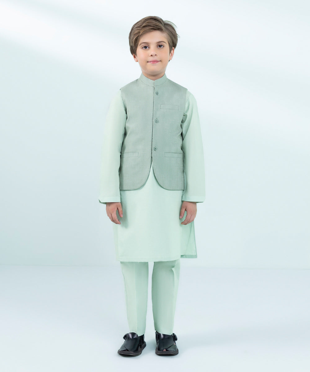 Kids East Boys Green Jacquard Suit with Waistcoat