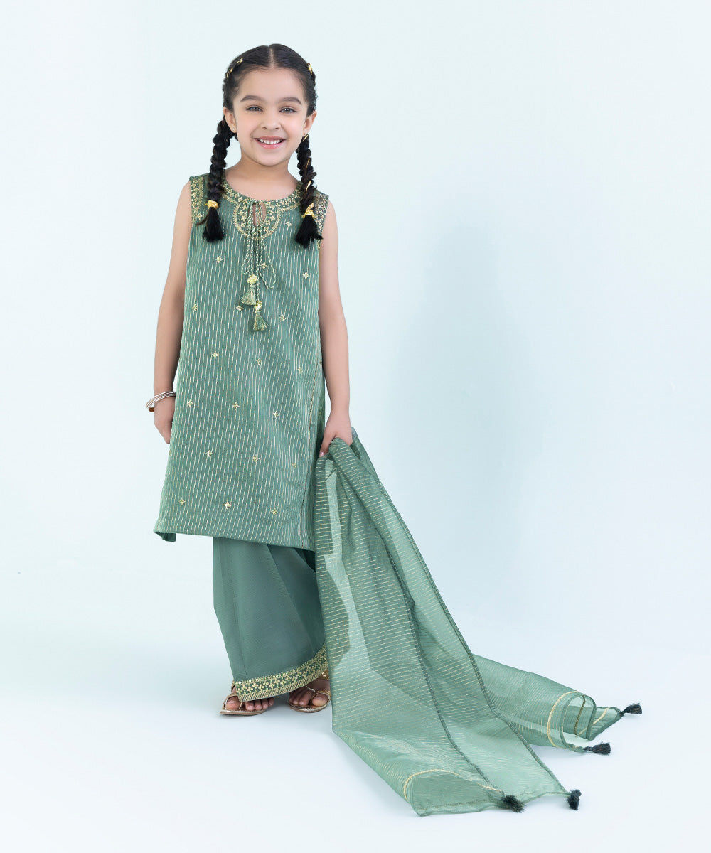 Kids East Girls Green 3 Piece Embroidered Organza Suit