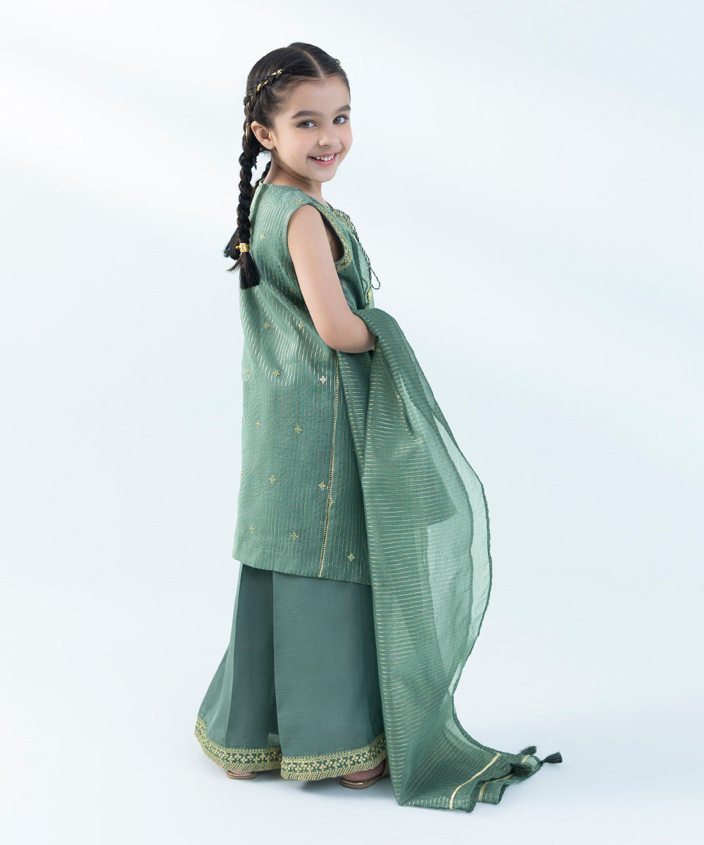 Kids East Girls Green 3 Piece Embroidered Organza Suit