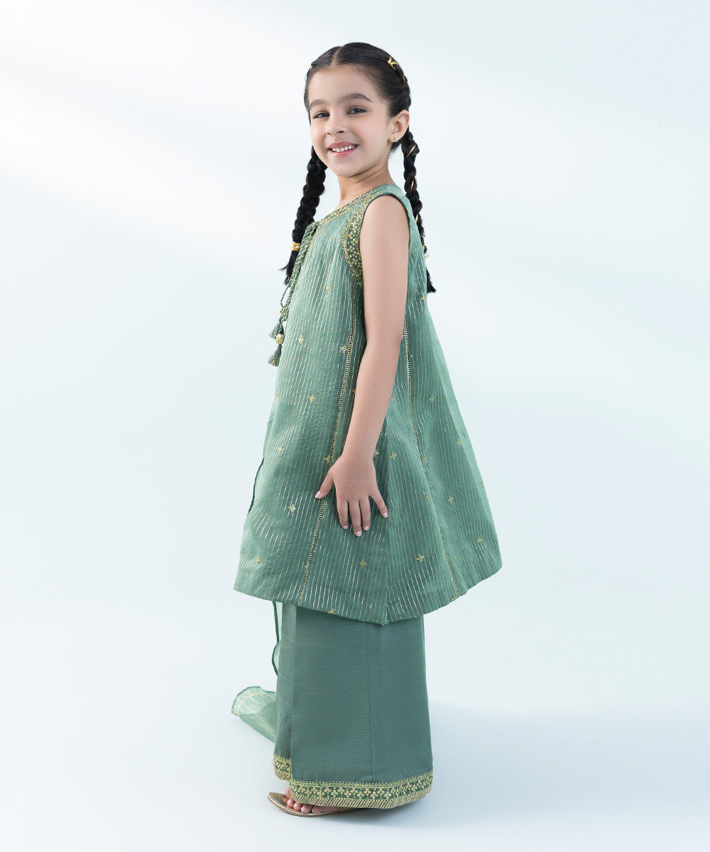 Kids East Girls Green 3 Piece Embroidered Organza Suit