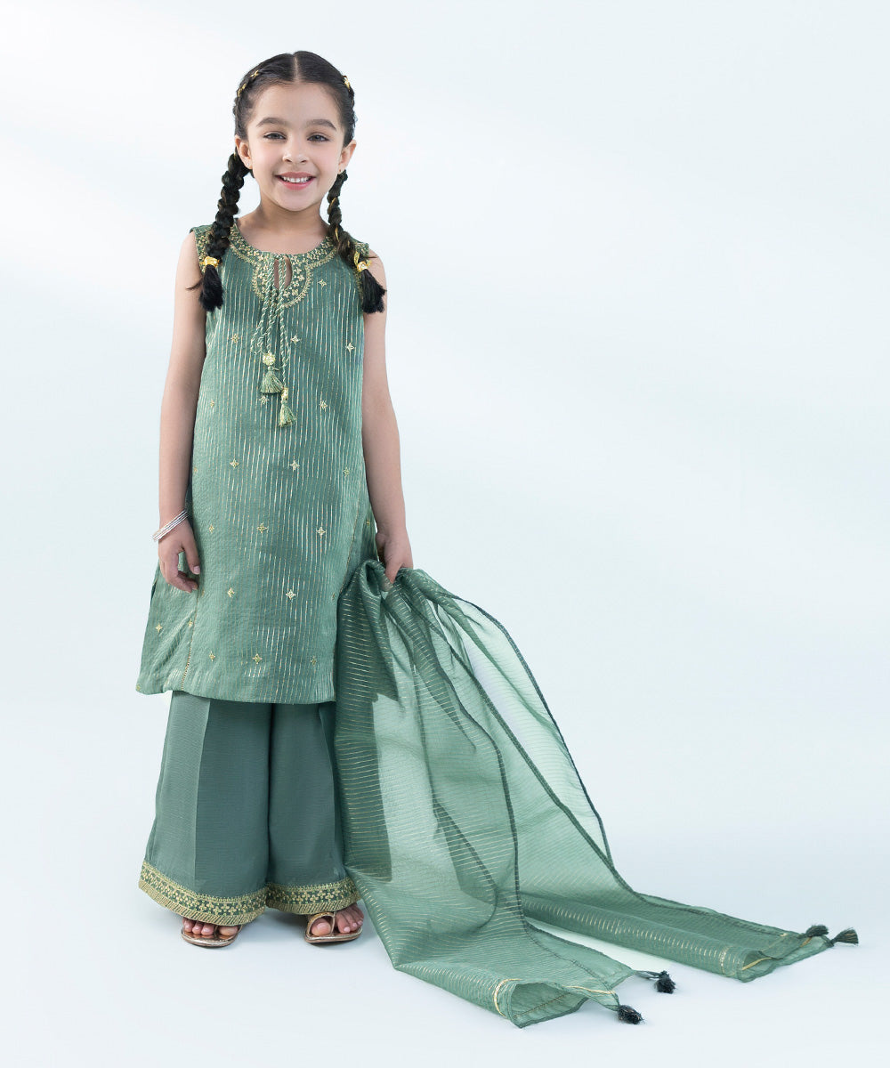 Kids East Girls Green 3 Piece Embroidered Organza Suit