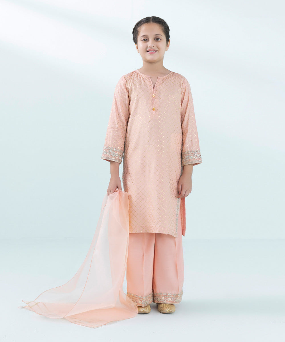 Kids East Girls Pink 3 Piece Embroidered Raw Silk Suit