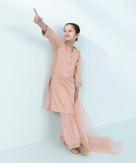 Kids East Girls Pink 3 Piece Embroidered Raw Silk Suit