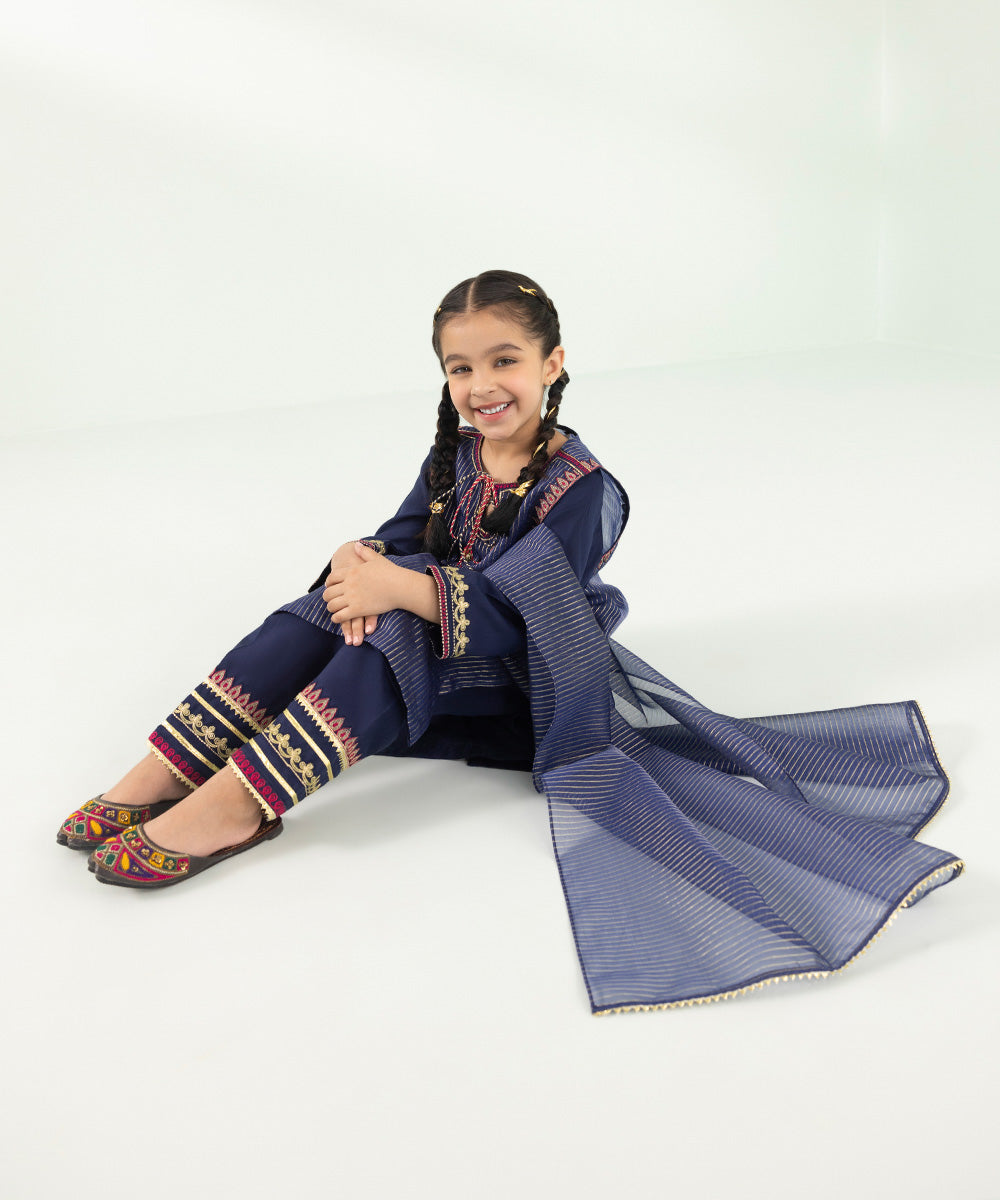 Kids East Girls Blue 3 Piece Embroidered Organza Suit