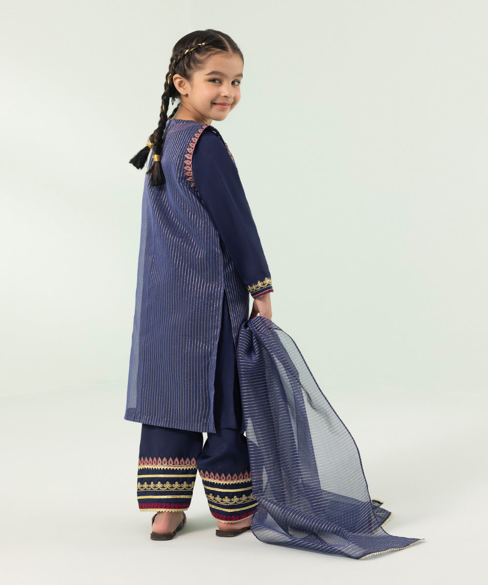 Kids East Girls Blue 3 Piece Embroidered Organza Suit