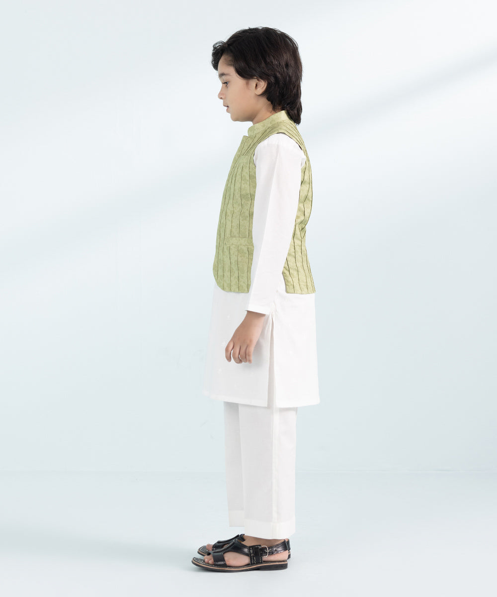 Kids East Boys Green Printed Cambric Waistcoat