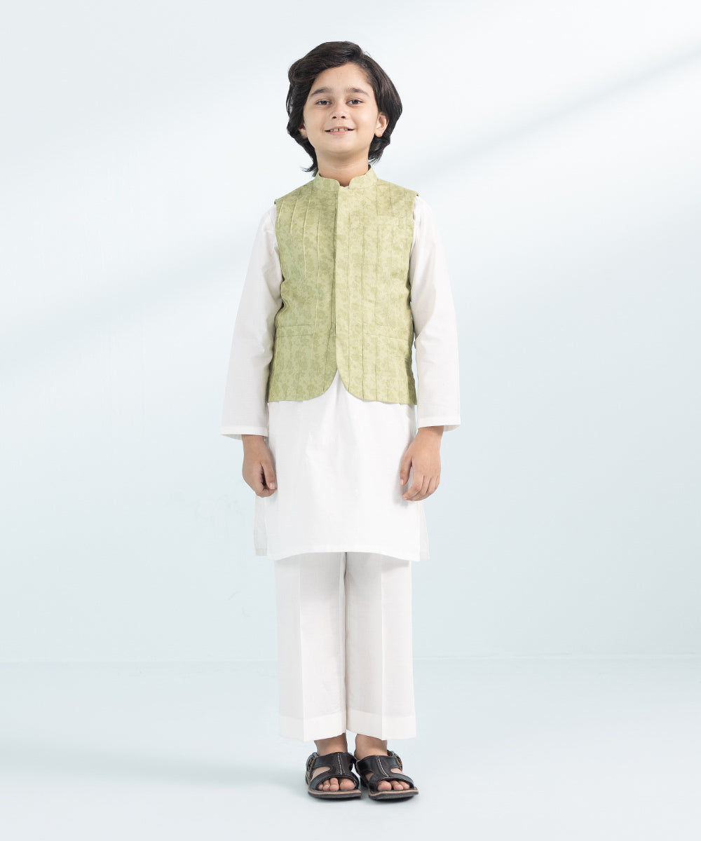 Kids East Boys Green Printed Cambric Waistcoat