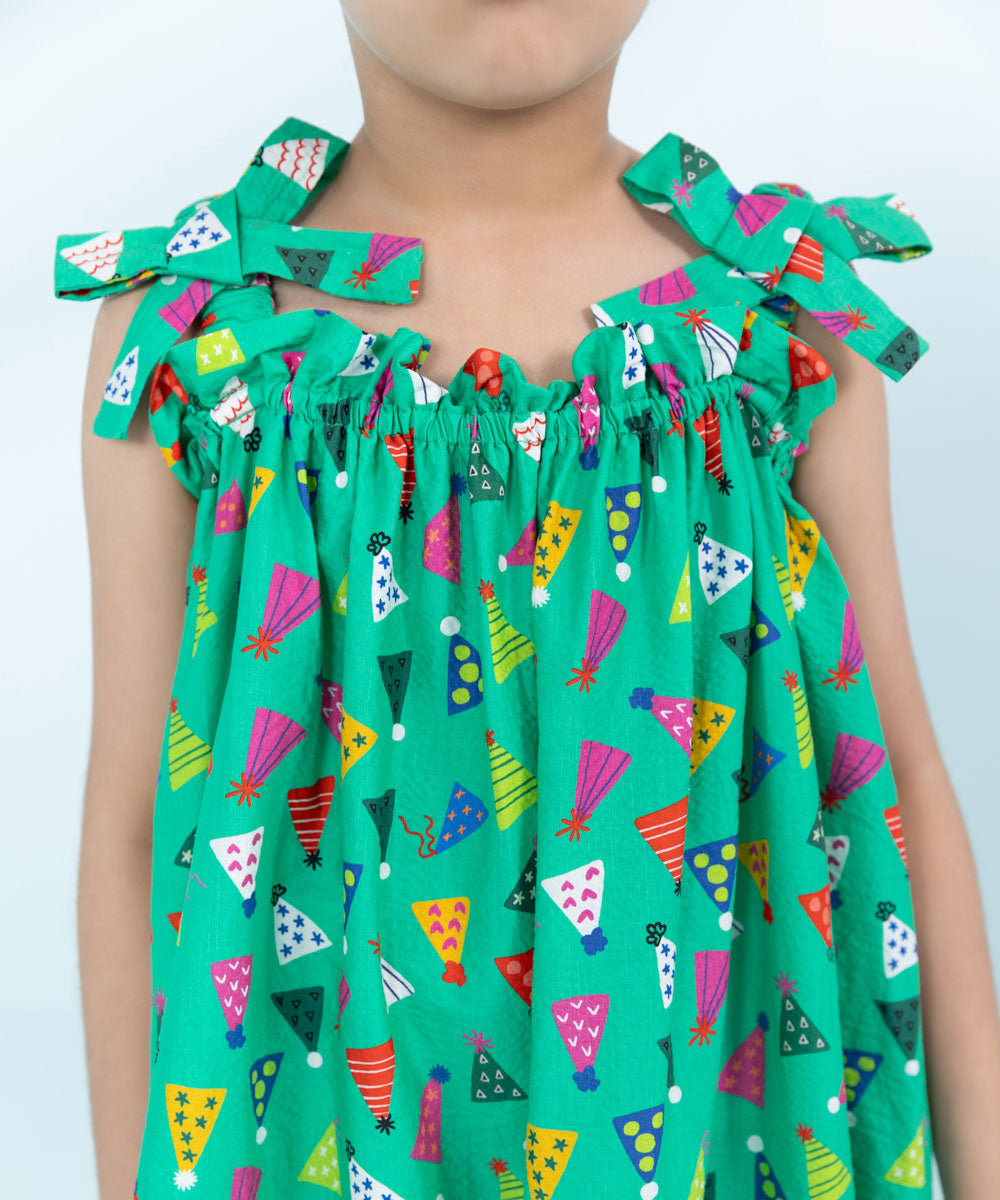 Kids East Girls Green Printed Seersucker Dress