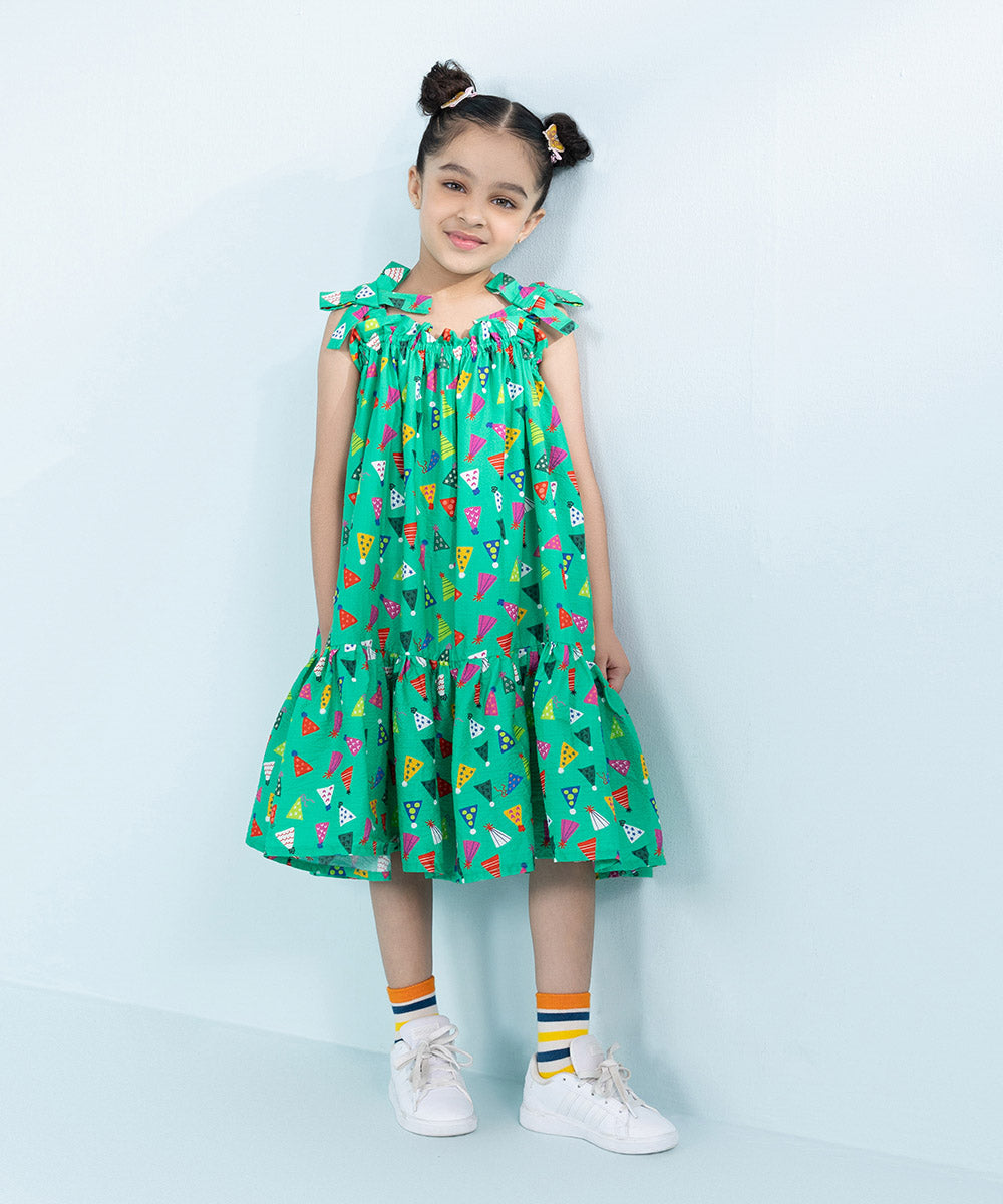 Kids East Girls Green Printed Seersucker Dress