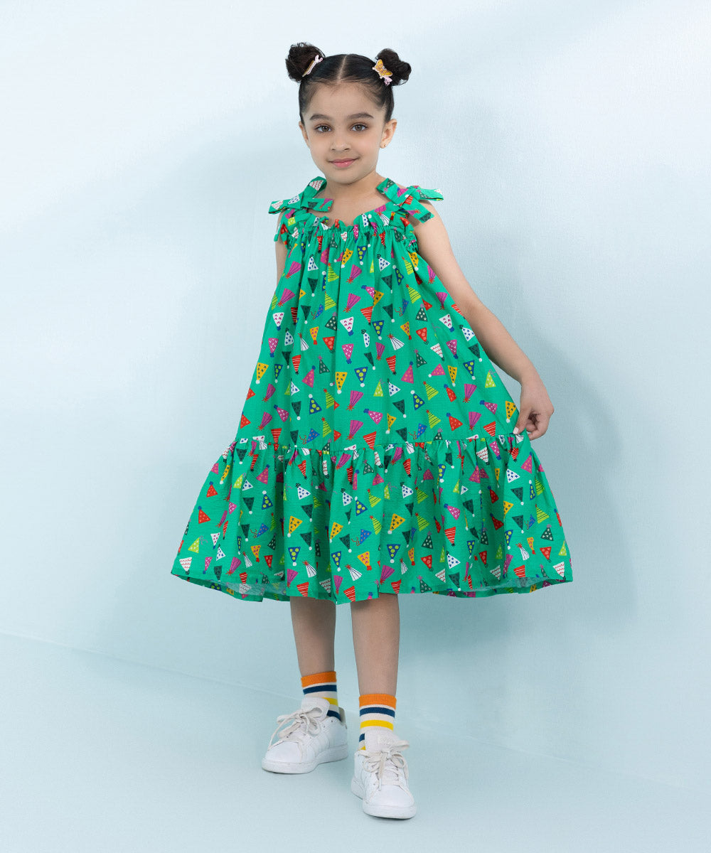 Kids East Girls Green Printed Seersucker Dress