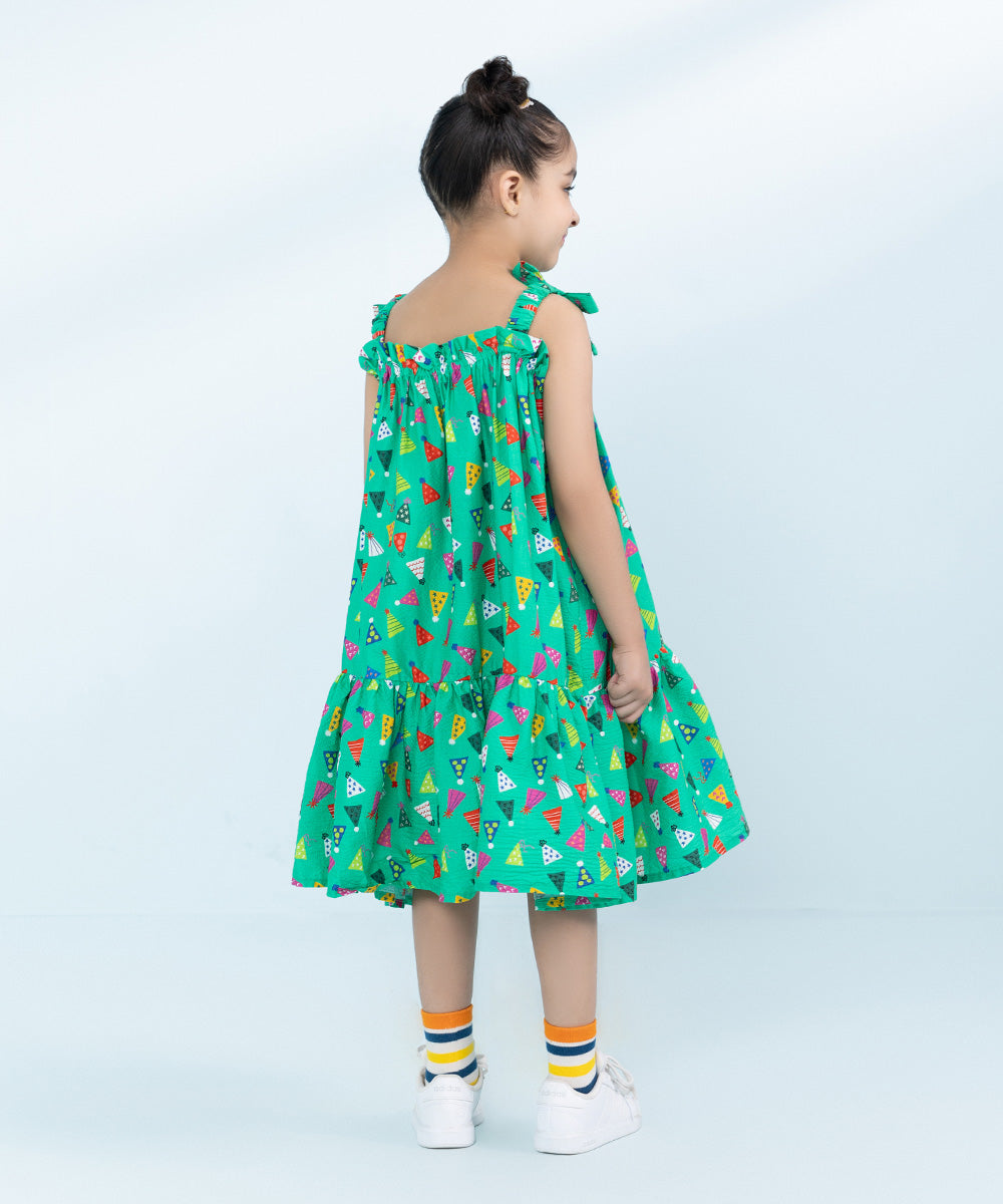 Kids East Girls Green Printed Seersucker Dress