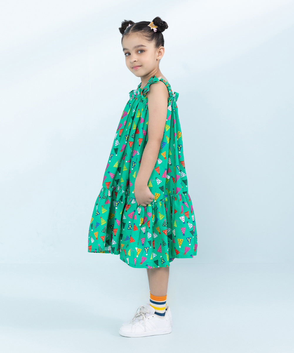 Kids East Girls Green Printed Seersucker Dress