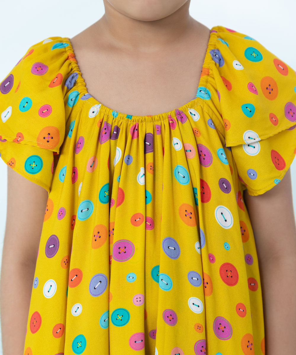 Kids East Girls Yellow Printed Arabic Lawn Dress