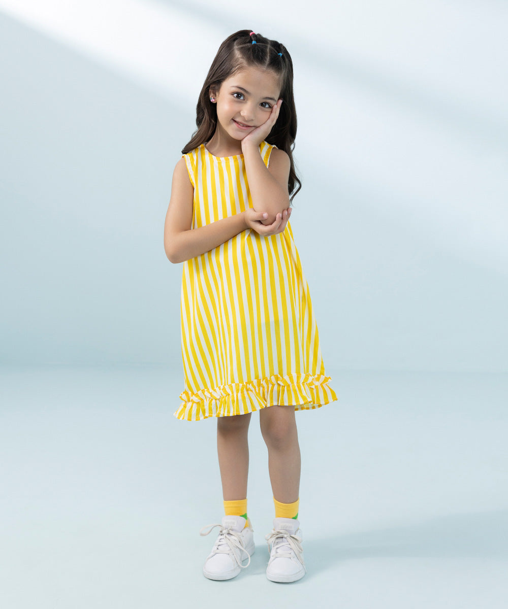 Kids East Girls Yellow  Printed Blended Grip Dress