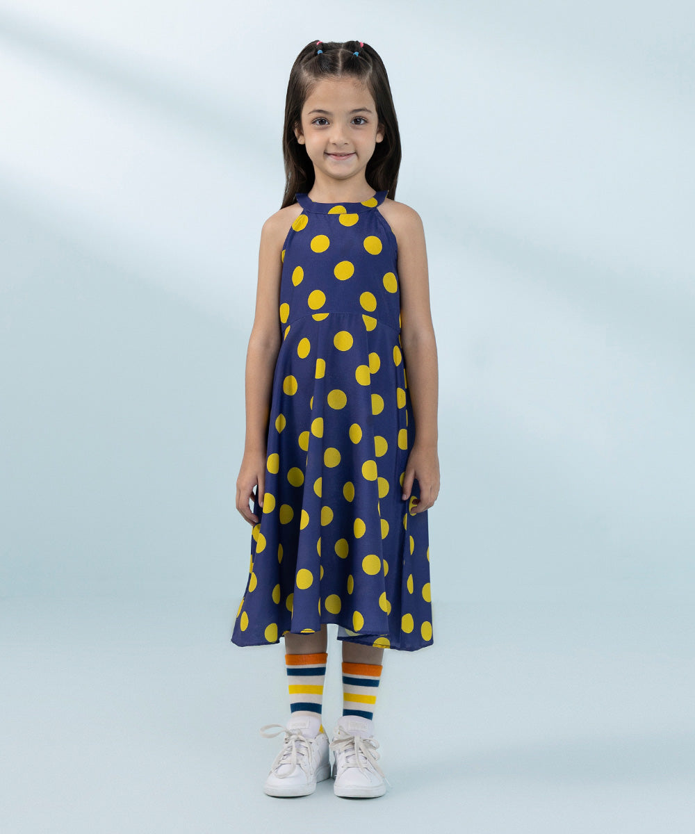 Kids East Girls Blue  Printed Blended Grip Dress