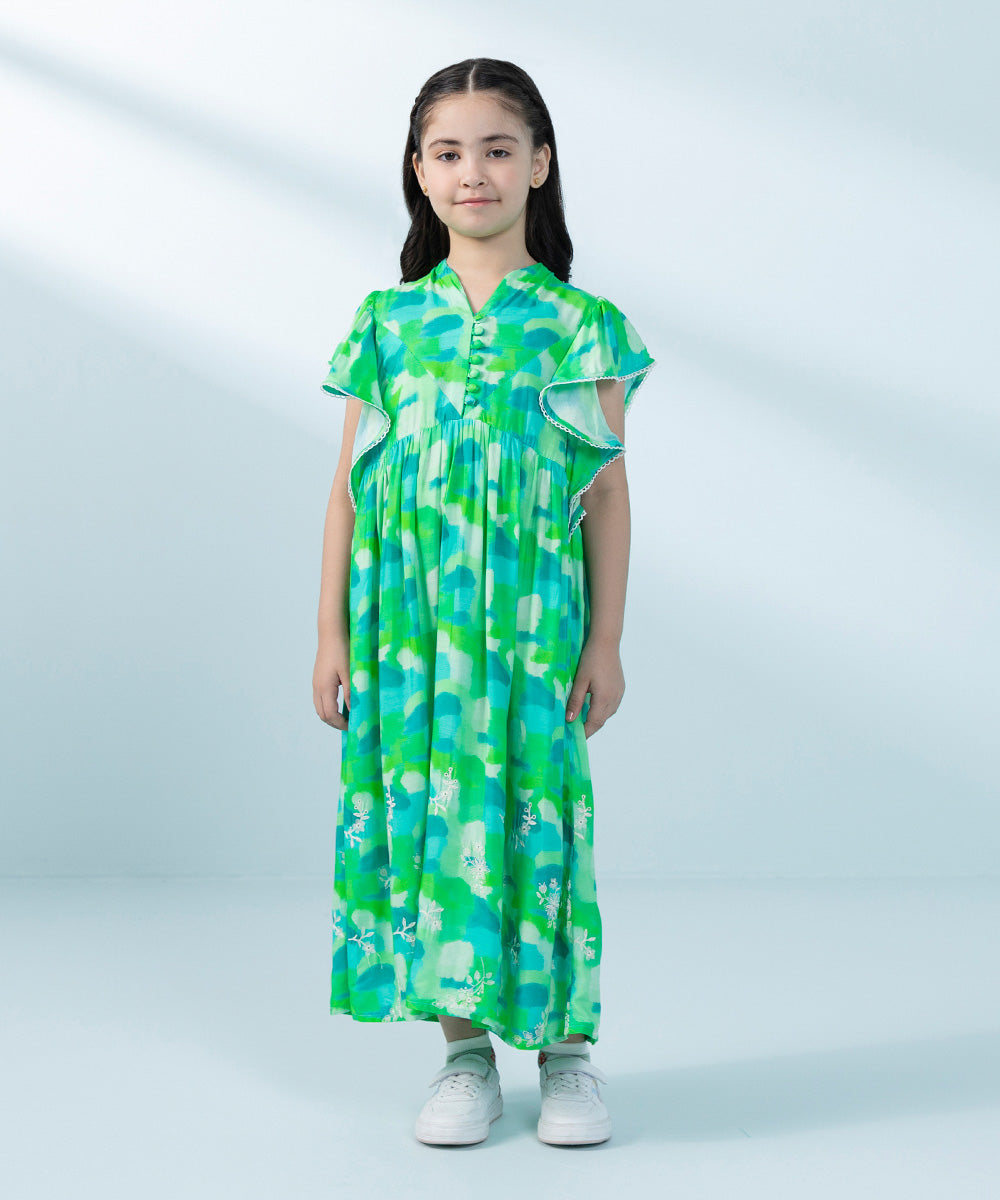 Kids East Girls Green  Embroidered Arabic Lawn Dress