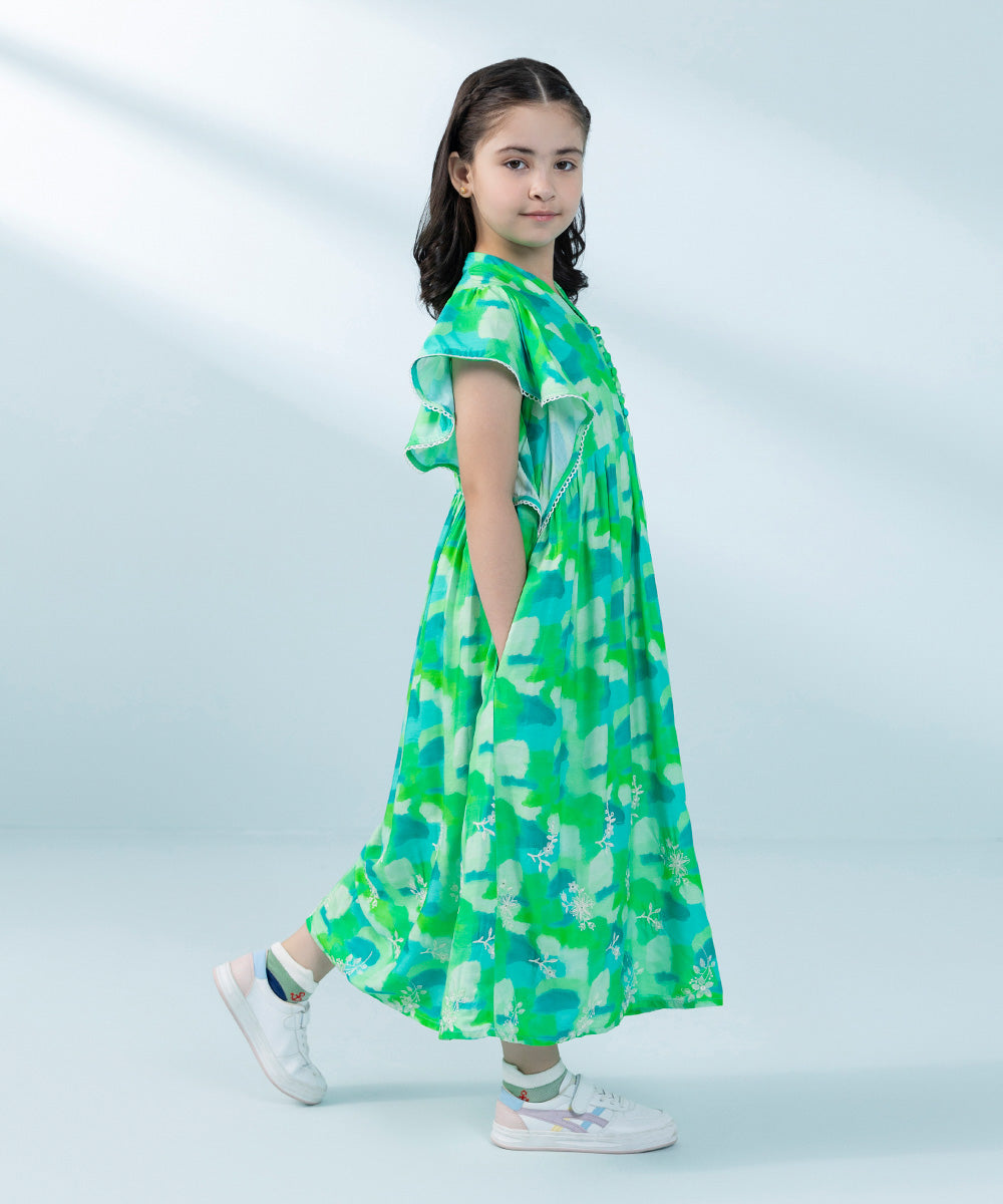 Kids East Girls Green  Embroidered Arabic Lawn Dress