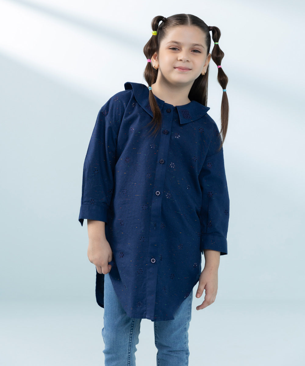 Kids East Girls Navy Blue Embroidered Multi Neps Top