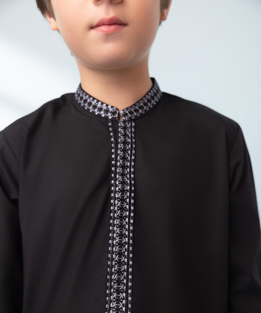 Kids East Boys Black Embroidered Wash & Wear Suit