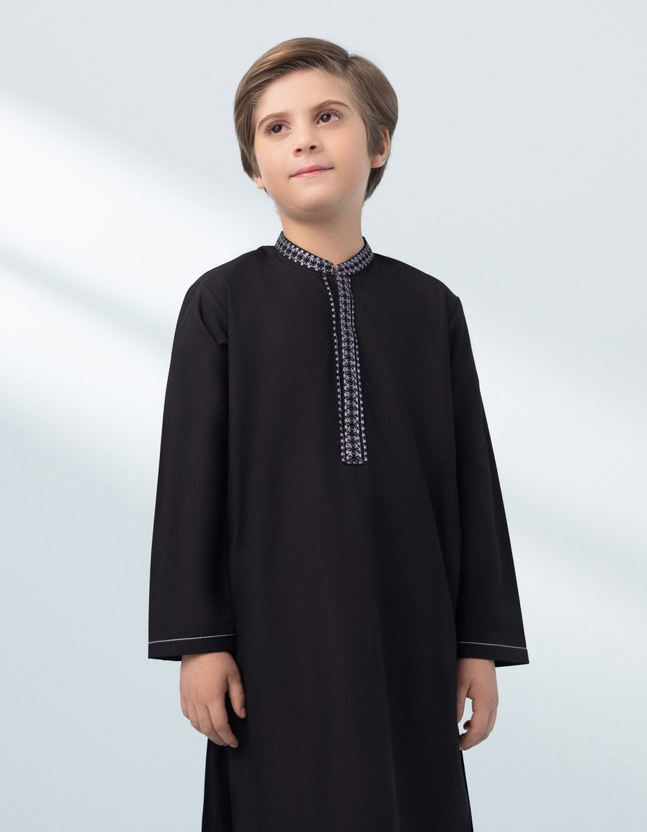 Kids East Boys Black Embroidered Wash & Wear Suit