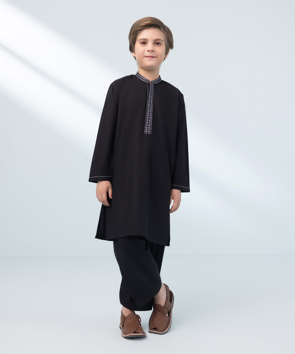 Kids East Boys Black Embroidered Wash & Wear Suit