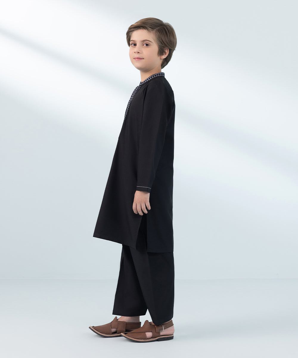 Kids East Boys Black Embroidered Wash & Wear Suit