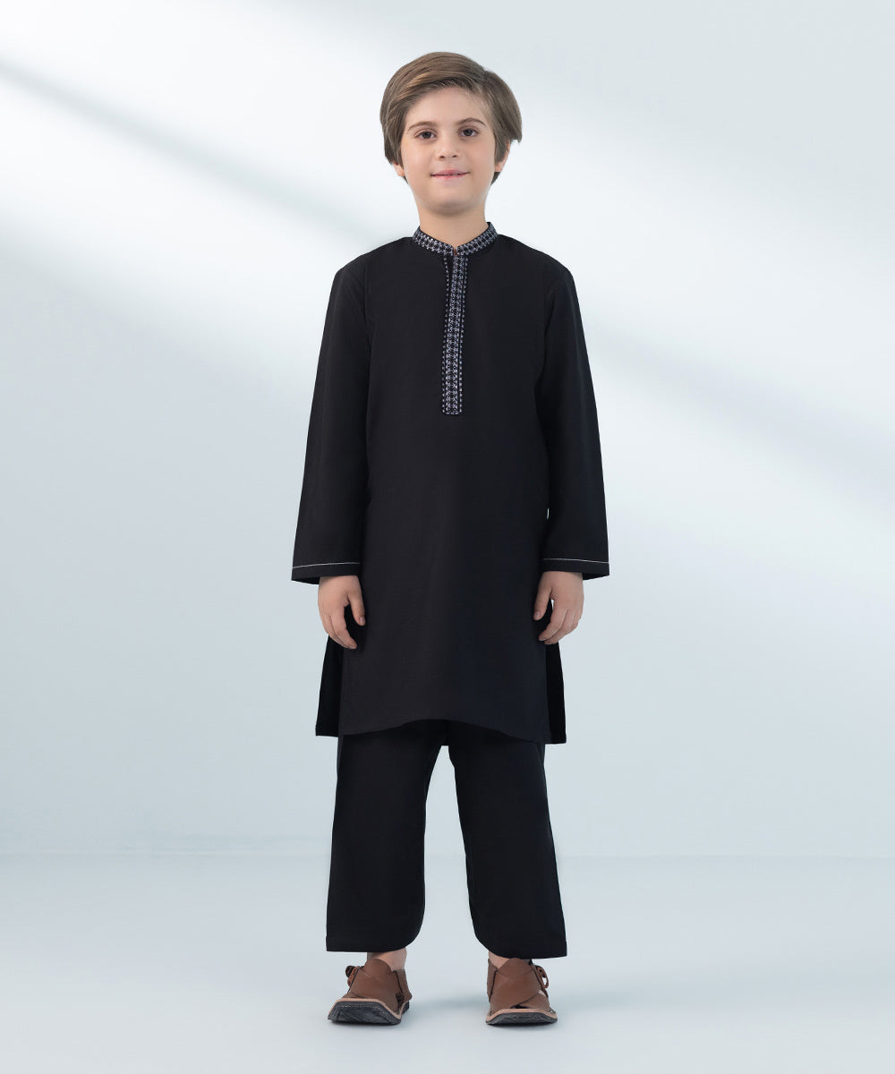 Kids East Boys Black Embroidered Wash & Wear Suit