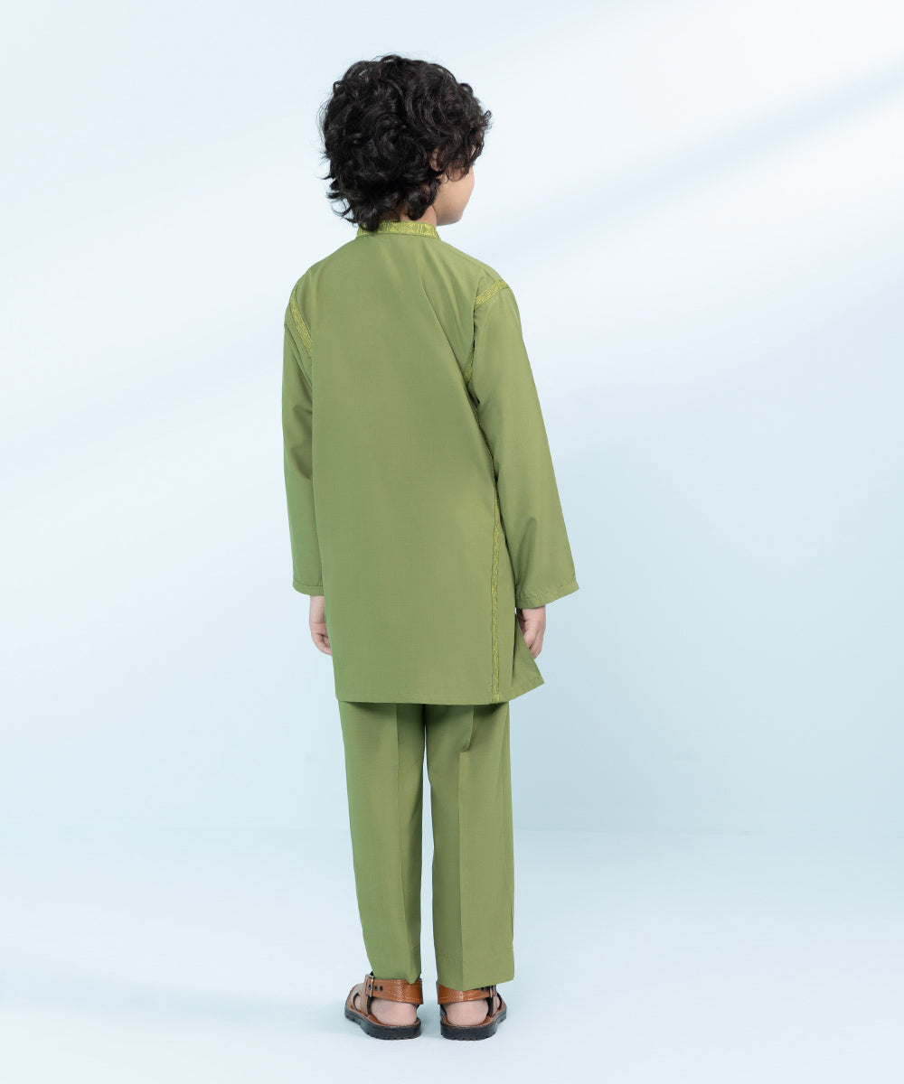 Kids East Boys Green Embroidered Wash &Wear Suit