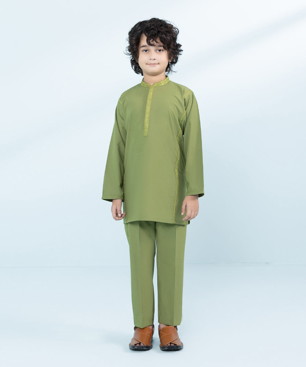 Kids East Boys Green Embroidered Wash &Wear Suit