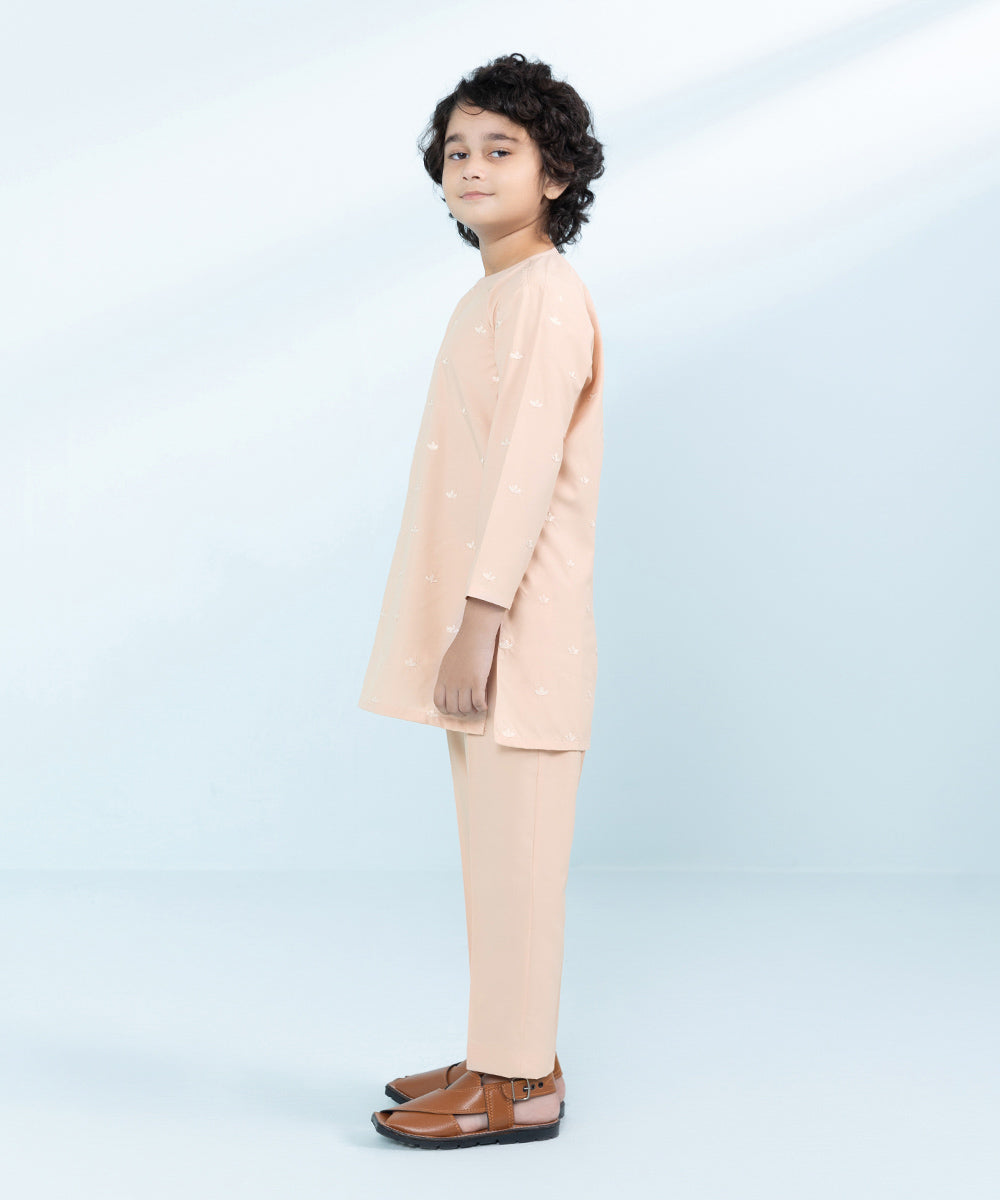 Kids East Boys Beige Embroidered Wash &Wear Suit