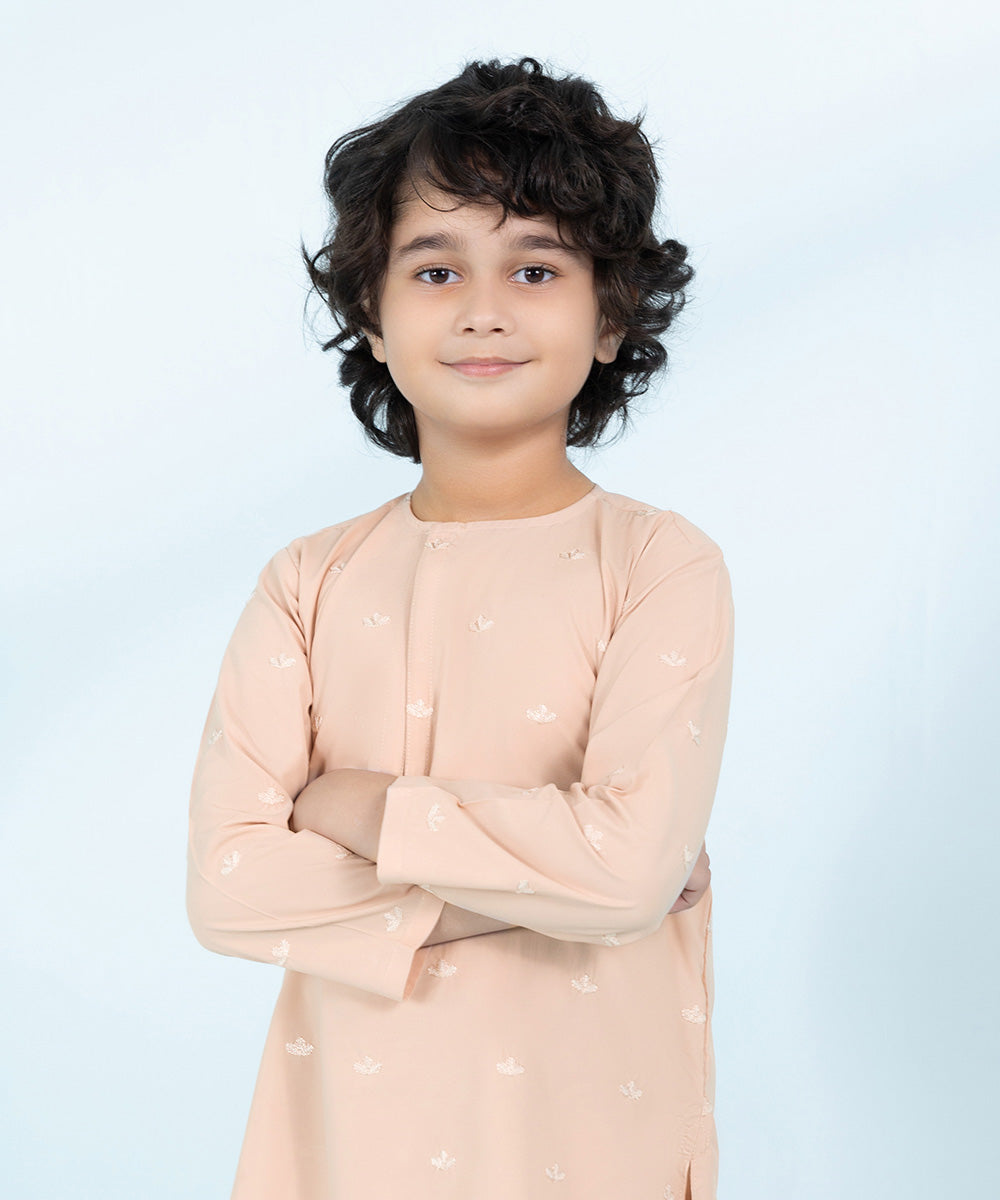 Kids East Boys Beige Embroidered Wash &Wear Suit