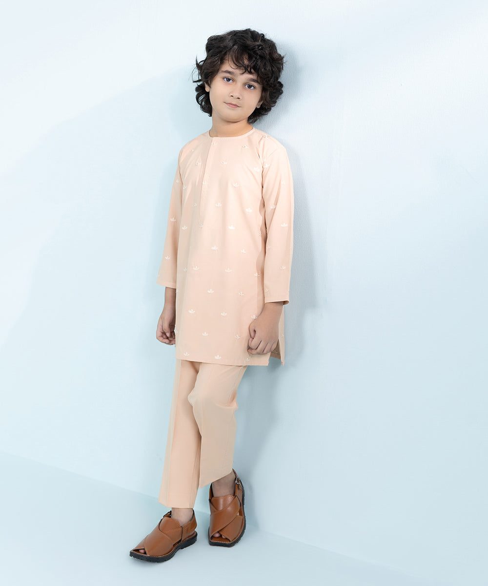 Kids East Boys Beige Embroidered Wash &Wear Suit