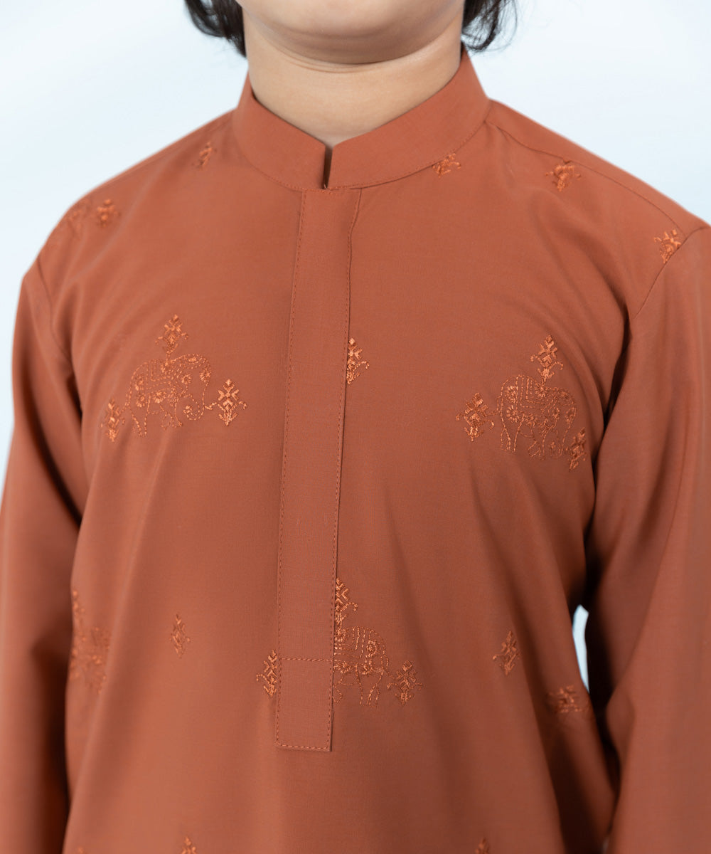 Kids East Boys Orange Embroidered Wash &Wear Suit