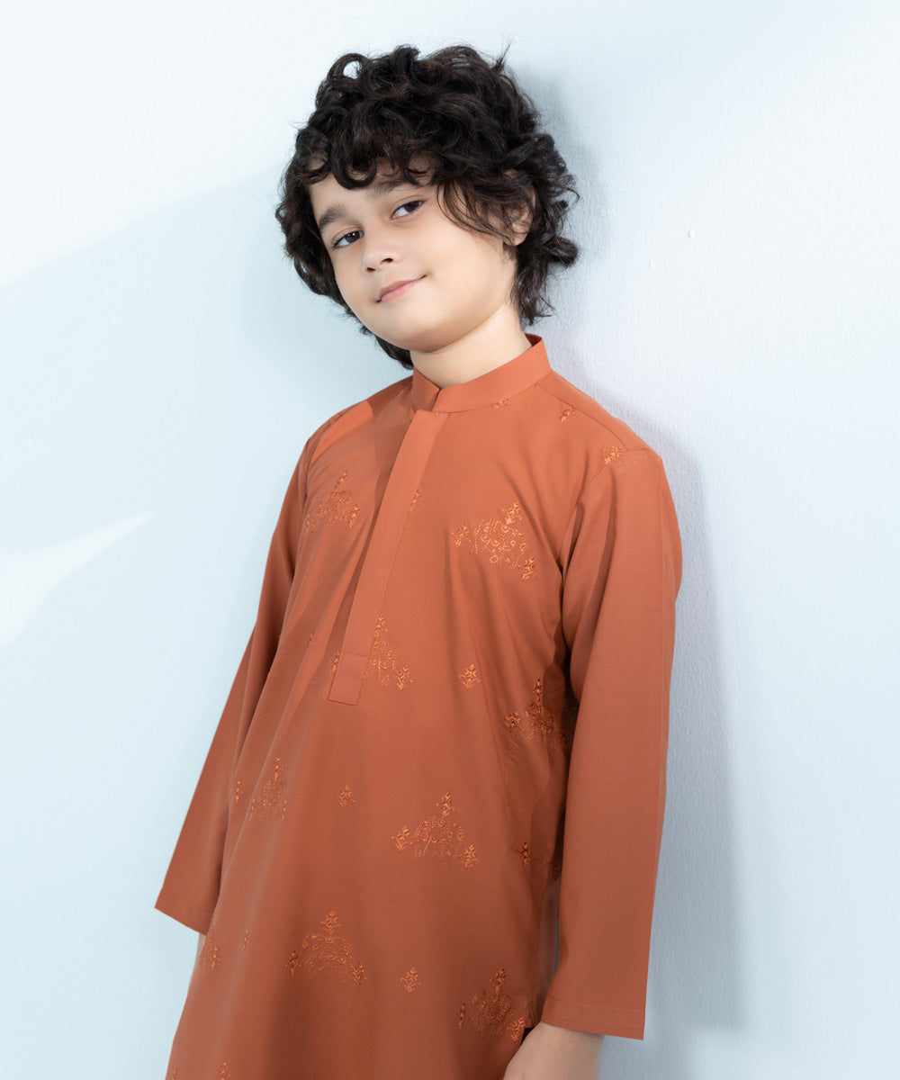 Kids East Boys Orange Embroidered Wash &Wear Suit