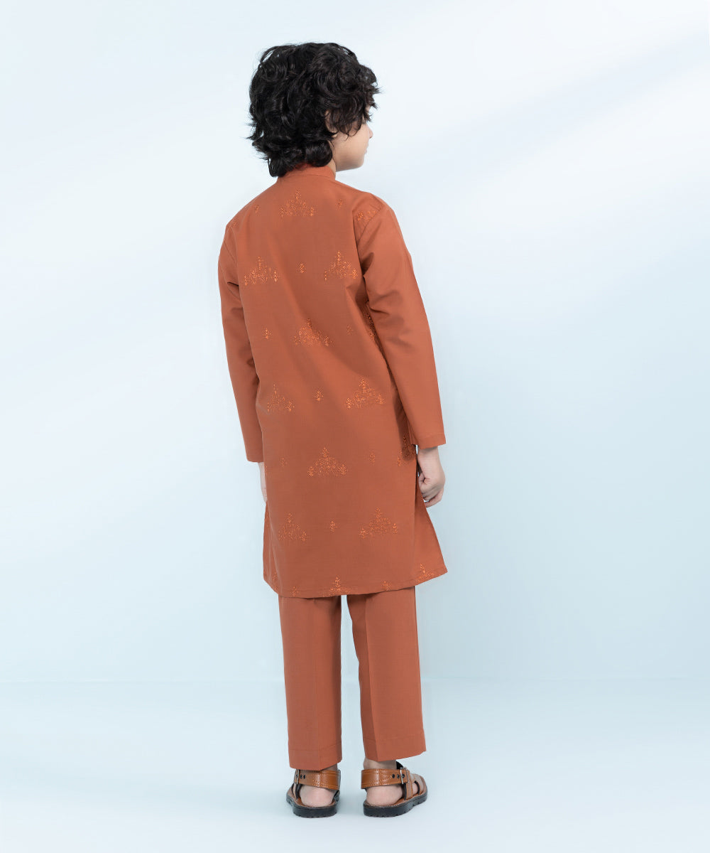 Kids East Boys Orange Embroidered Wash &Wear Suit