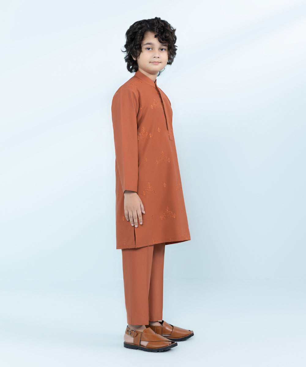 Kids East Boys Orange Embroidered Wash &Wear Suit