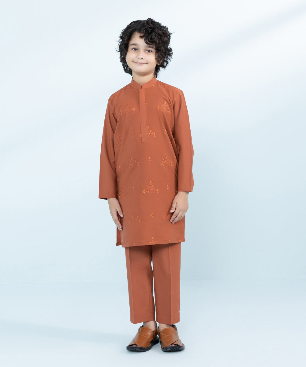 Kids East Boys Orange Embroidered Wash &Wear Suit